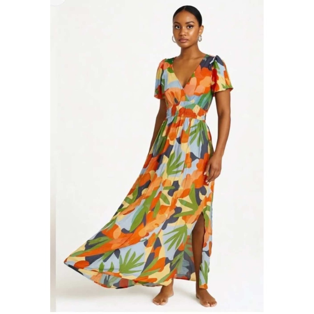 Able The Label XS Hilda V-Neck Side Slits Maxi Dress Tropical Resort Vacation